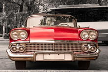 Colorkey Of Old Red Classic Convertible Car In Havana Cuba Front View