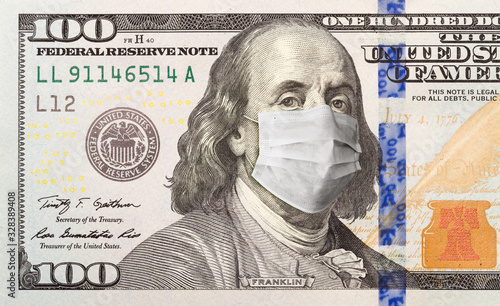 Fotografía One Hundred Dollar Bill With Medical Face Mask on Benjamin Franklin
