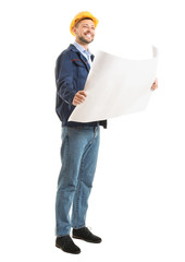 Male engineer with drawing on white background