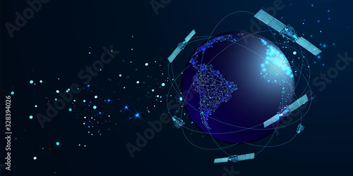 Fotomural Artificial satellites orbiting the planet Earth in outer space isolated on dark blue background