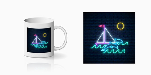 Wall Mural - Neon summer print with sailing ship and dolphins in ocean in round frames for cup design. Shiny summertime symbol, design, banner in neon style on mug mockup. Vector shiny design element