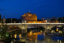 Castel St. Angelo (also Called The  Mausoleum Of Hadrian) And The Bridge Ponte Vittorio Emanuele II And The Tiber River Near The Vatican In Rome, Italy.