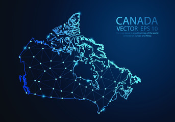 Poster - Abstract mash line and point scales on dark background with map of Canada. Wire frame 3D mesh polygonal network line, design sphere, dot and structure. Vector illustration eps 10.