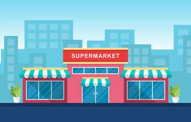 Wall Mural - Supermarket Grocery Store Retail Shop Mall City Building Flat Illustration