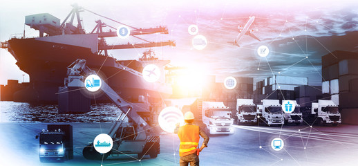 Multiple exposures of Man touching hologram screen displaying modern at logistics port and world map with logistic network distribution on background, transportation trading business concept,