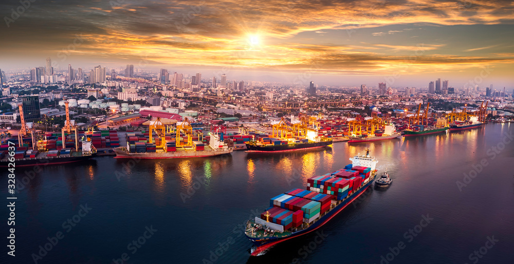 panoramic view of Logistics and transportation of Container Cargo ship and Cargo plane with working crane bridge in shipyard, logistic import export and transport industry background - obrazy, fototapety, plakaty 