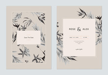 Vintage Wedding Invitation Card Template Design, Various Flowers And Leaves In Brown And Dark Grey Tones