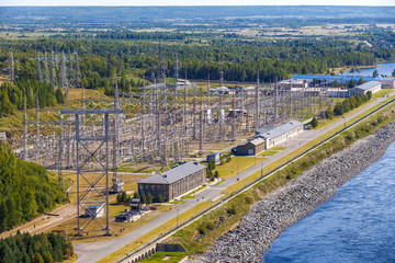 Industrial photography. Top view of the open switchgear of the Zeya hydroelectric station in the Amur Region.