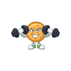 Poster - Peanut butter cookies mascot icon on fitness exercise trying barbells