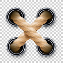 Cross Ropes Or Strings With Metallic Holes Vector. Crossed Brown Looped Ropes Or Fiber. Twisted And Braided Cords From Metal Frame Round Shape Slots Concept Template Realistic 3d Illustration