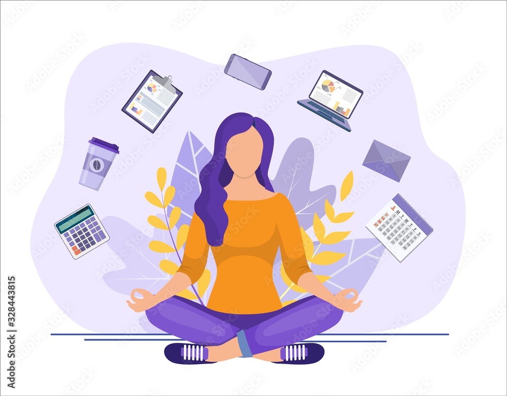 Business yoga concept. businesswoman meditating, time management, stress relief and problem solving concepts. Business woman sitting and meditating. Vector illustration flat style - obrazy, fototapety, plakaty 