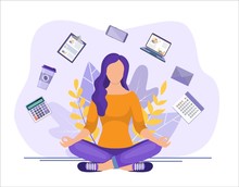 Business Yoga Concept. Businesswoman Meditating, Time Management, Stress Relief And Problem Solving Concepts. Business Woman Sitting And Meditating. Vector Illustration Flat Style
