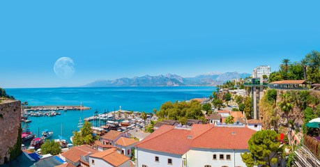 Wall Mural - Panoramic view of Old Town port with Mediterrranean Sea -Antalya, Turkey