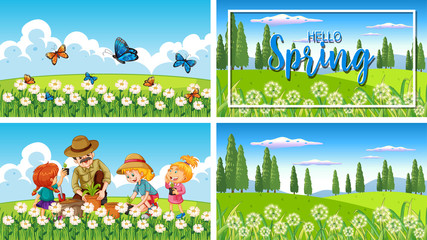 Canvas Print - Four background scenes with children and animals in the park