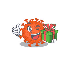 Sticker - Smiley electron microscope coronavirus cartoon character having a gift box