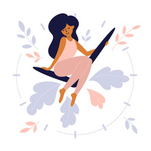 Take Time For Yourself Or Self Care Design Concept. Cute Girl Sits On Clock Hands Of Huge Watch. Happy Mom Enjoy Free Time. Vector Illustration Busy Woman Need Take A Break And Relax. Motherhood Issue