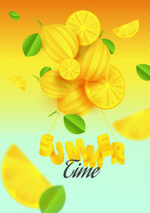 Canvas Print - Summertime Template or Flyer Design with Lemons and Leaves Decorated Background.