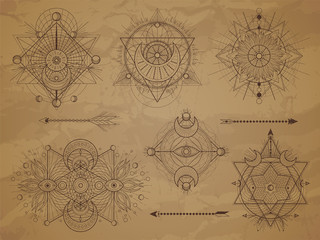 Wall Mural - Vector set of Sacred symbols with moon, eye, sun and geometric figures on old paper background. Abstract mystic signs collection.
