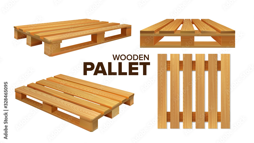 Wooden Pallet Different Size Collection Set Vector. Pallet Skid Flat Transport Structure For Transportation, Storaging And Protecting Delivery Goods. Concept Layout Realistic 3d Illustrations - obrazy, fototapety, plakaty 