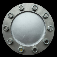 Steel pipe flange. Steel flange. Isolated on black background.