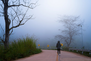 Girl walking alone on the road