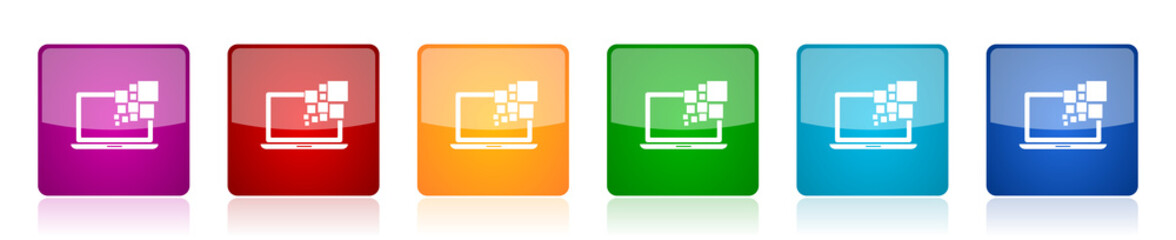 Aufkleber - Laptop icon set, notebook, computer colorful square glossy vector illustrations in 6 options for web design and mobile applications