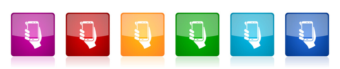 Poster - Smartphone in hand icon set, mobile phone colorful square glossy vector illustrations in 6 options for web design and mobile applications