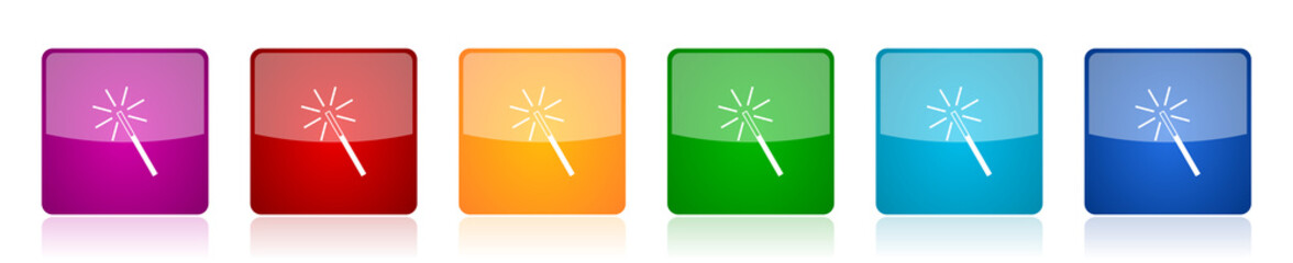 Aufkleber - Magic wand icon set, colorful square glossy vector illustrations in 6 options for web design and mobile applications