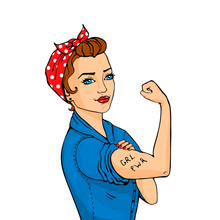 We Can Do It Girl. Womens Symbol Of Female Power, Woman Rights, Feminism Or Protest. Doodle Cartoon Character Isolated On White In Comic Style.