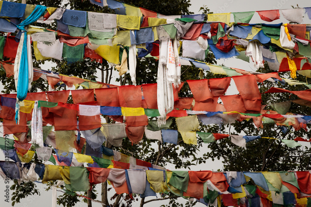 Buddhis prayer flags at Nagi Gumba, Nepal - obrazy, fototapety, plakaty 