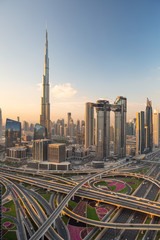 sunrise over Dubai Downtown skyline 