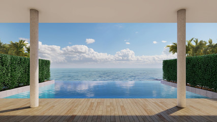  Sea view of swimming pool deck with bush and plam tree and sunlight. 3D illustration