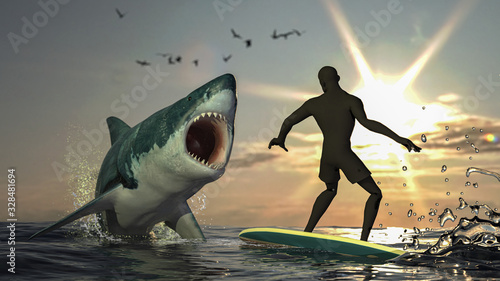 Great white shark is jumped out of air to grab the surfer on the waves 3d render Poster Mural XXL