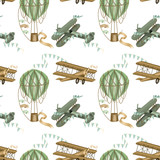 Seamless pattern with hand drawn festive hot air balloons and retro airplanes on a white background