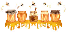 Watercolor  Honey Banner With Honey Pots, Jar And Flieng Bees. Hand Drawn Organic Illustration