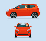 Micro car two angle set. Car with driver woman side view and front view. Vector flat style illustration.