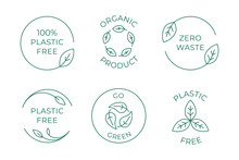 Vector Icon And Logo Design Template In Simple Linear Style - 100 % Plastic Free Emblem For Packaging Eco-friendly And Organic Products