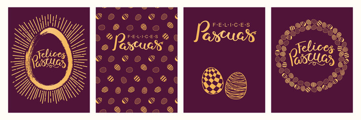 Wall Mural - Collection of greeting cards with eggs, sunburst, Spanish text Felices Pascuas, Happy Easter. Gold on purple background. Flat style design. Concept for holiday print, invite, gift tag, banner.