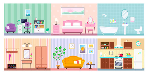 Vector set of different house rooms interior