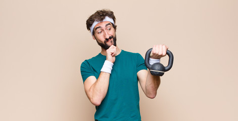 Wall Mural - young cool bearded man at gym with a dumbbell. sport concept