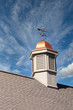 A cupola with copper roof and weather vane on a roof under a clear blue sky