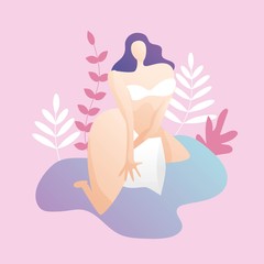 soft and beautiful illustration of masturbating woman placing a pillow between her legs with flora decoration.