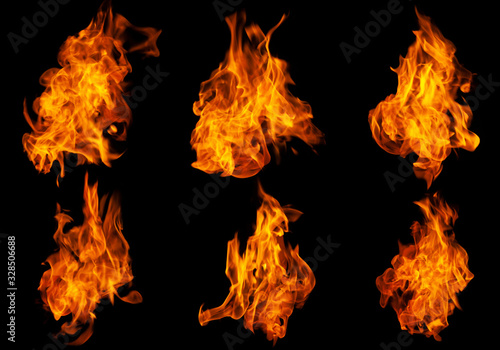 Fire collection set of flame burning isolated on dark background for graphic des Poster Mural XXL