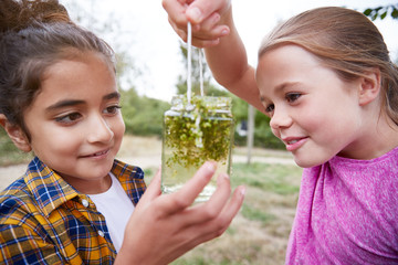 Two Girls Looking At Glass Jar Studying Pond Life At Outdoor Activity Camp