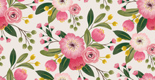 Vector Illustration Of A Seamless Floral Pattern With Spring Flowers. Lovely Floral Background In Sweet Colors 