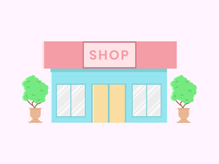 Shop building illustration, with two pottery of plant beside. Marketplace and business flat design concept. Design for banner, backdrop, presentation etc.