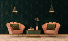Art Deco Interior In Classic Style With Pink Armchair And Lamp.3d Rendering.