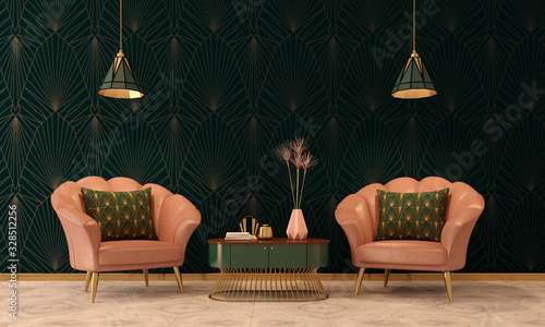 Cuadros en Lienzo Art Deco interior in classic style with pink armchair and lamp
