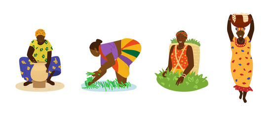 african women in colorful dresses working. making pottery, working in rice field, picking tea, carry