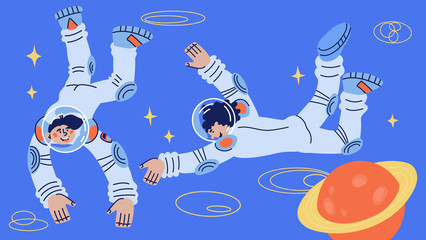 Wall Mural - Cosmos and universe research banner template with astronauts or spaceman and woman characters in outer space. Journey to stars and world exploring. Flat cartoon vector illustration.